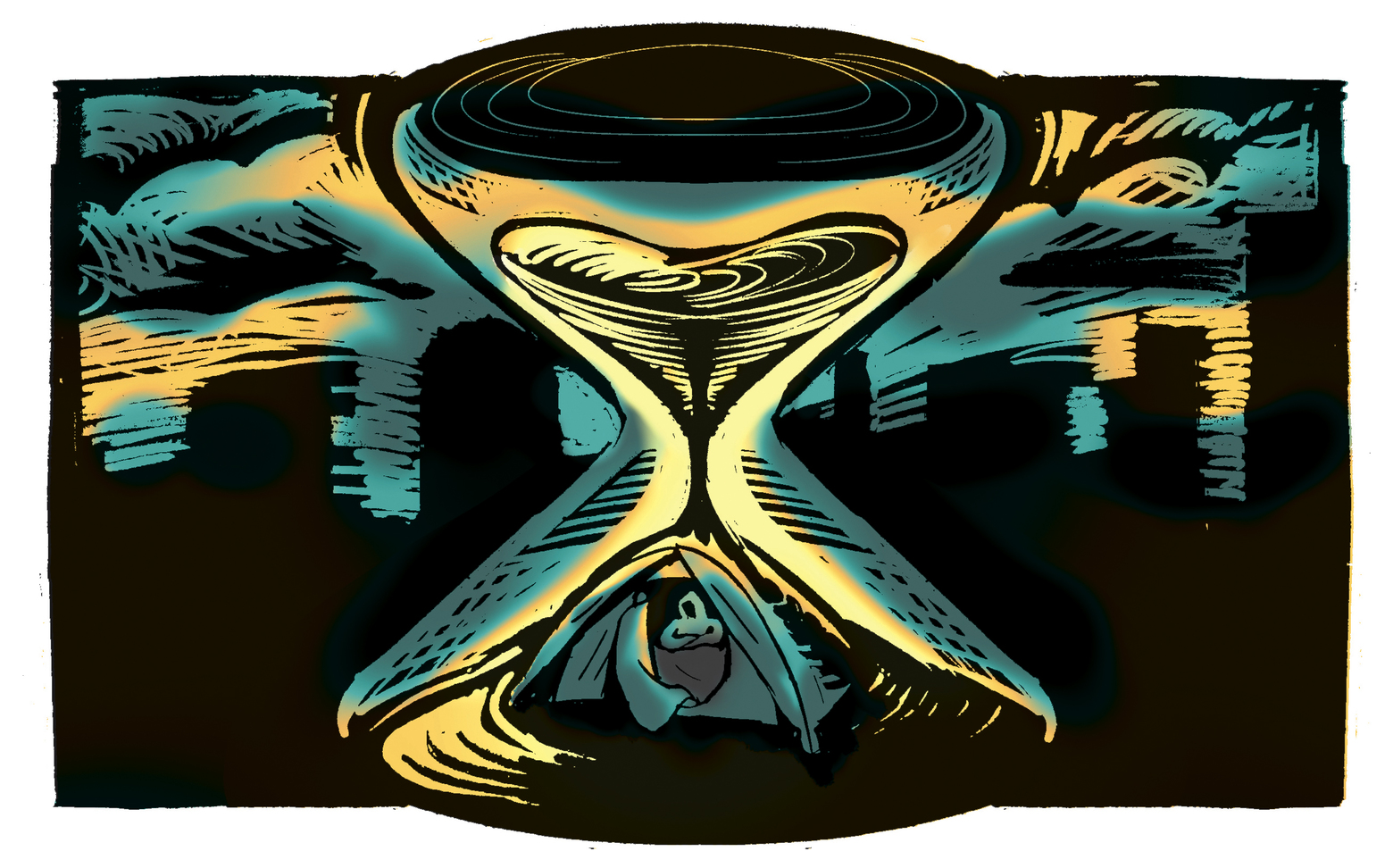 Teal And Yellow Graphic Of Sand Timer With Homeless Tent In The Bottom With City Skyline In Background