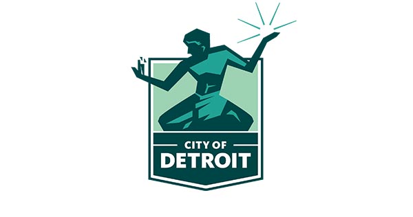 City Of Detroit Logo With White Color Text And Green Teal Man Holding The Sun In Left Hand On Top Of Text