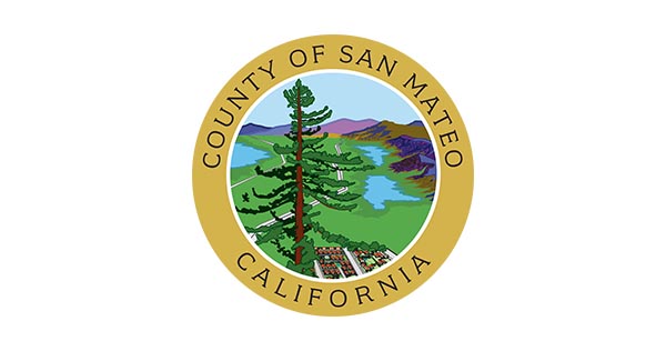County Of San Mateo California Logo With Golden Circle Encircling Evergreen Tree And Mountains And Lakes