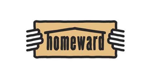 Homeward Logo With Black Text And Tan Background With Hands On Both Sides Holding Logo
