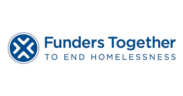 Funders Together To End Homelessness Logo With Dark Blue Color Text And Circle With White Arrows To The Left