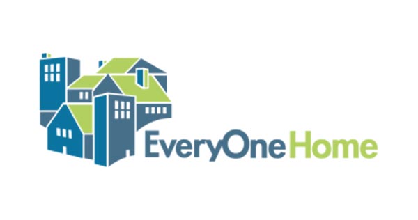 Every One Home Logo With Light Blue And Green Text Color With Homes To Left Of Text