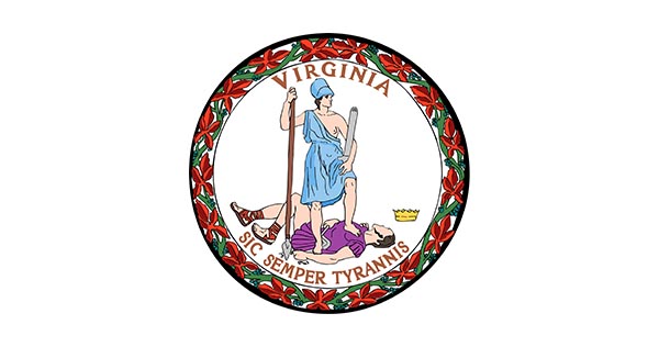 Virginia SIC Semper Tyrannis Logo With Red And Green Leaves Encircling Man Wearing Blue Robe Standing On Another Man In Purple Robe