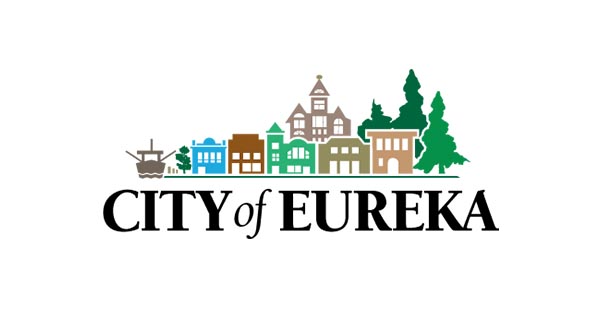 City Of Eureka Logo With Black Text Color And Multicolored Buildings With Trees And Fishing Boat On Top Of Text