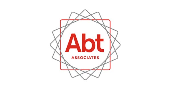 ABT Associates Logo With Red Text And Spiraling Red And Gray Boxes Around It